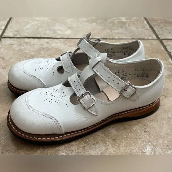 Vintage Shoes 1950'S Girls Classic Leather White Double Buckled Strap Mary Jane - Picture 5 of 11